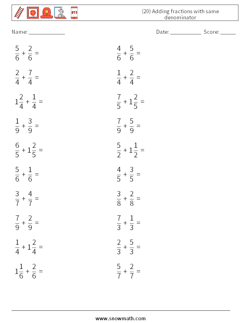 (20) Adding fractions with same denominator Math Worksheets 12