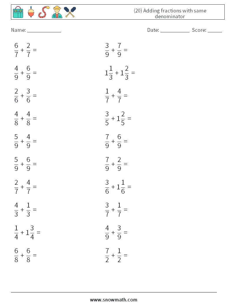 (20) Adding fractions with same denominator Math Worksheets 13