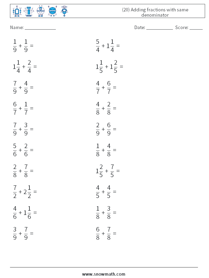(20) Adding fractions with same denominator Math Worksheets 14