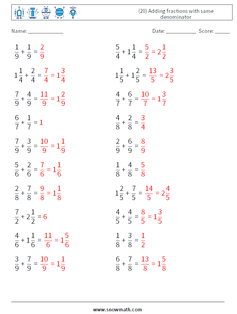 (20) Adding fractions with same denominator Math Worksheets 14 Question, Answer