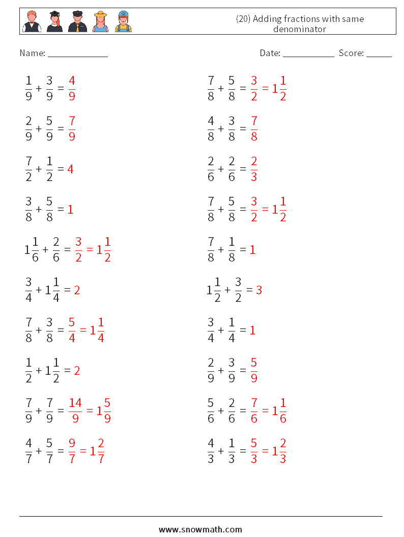 (20) Adding fractions with same denominator Math Worksheets 15 Question, Answer