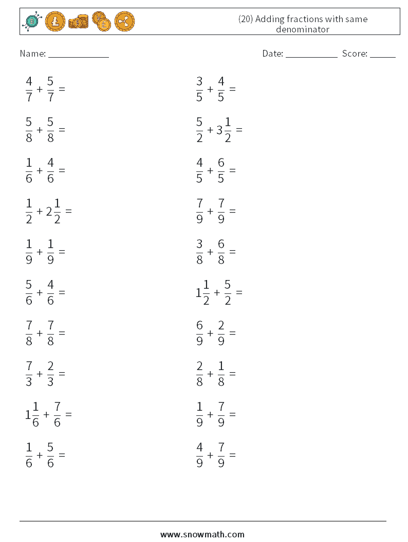 (20) Adding fractions with same denominator Math Worksheets 16