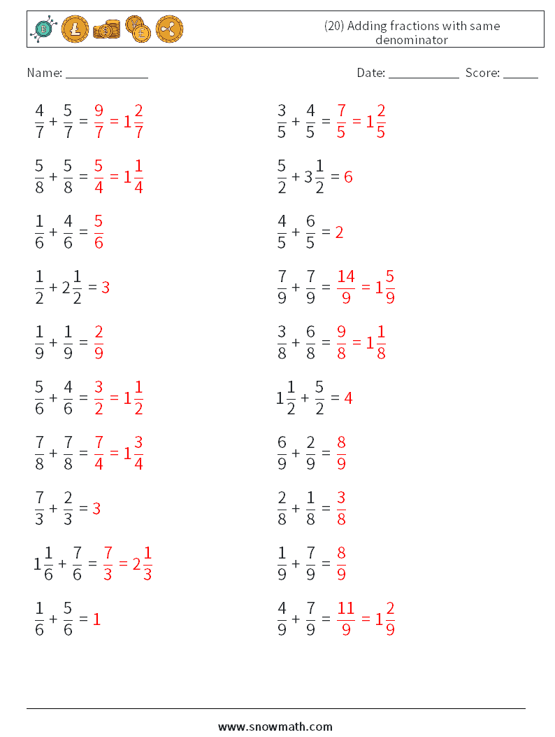 (20) Adding fractions with same denominator Math Worksheets 16 Question, Answer
