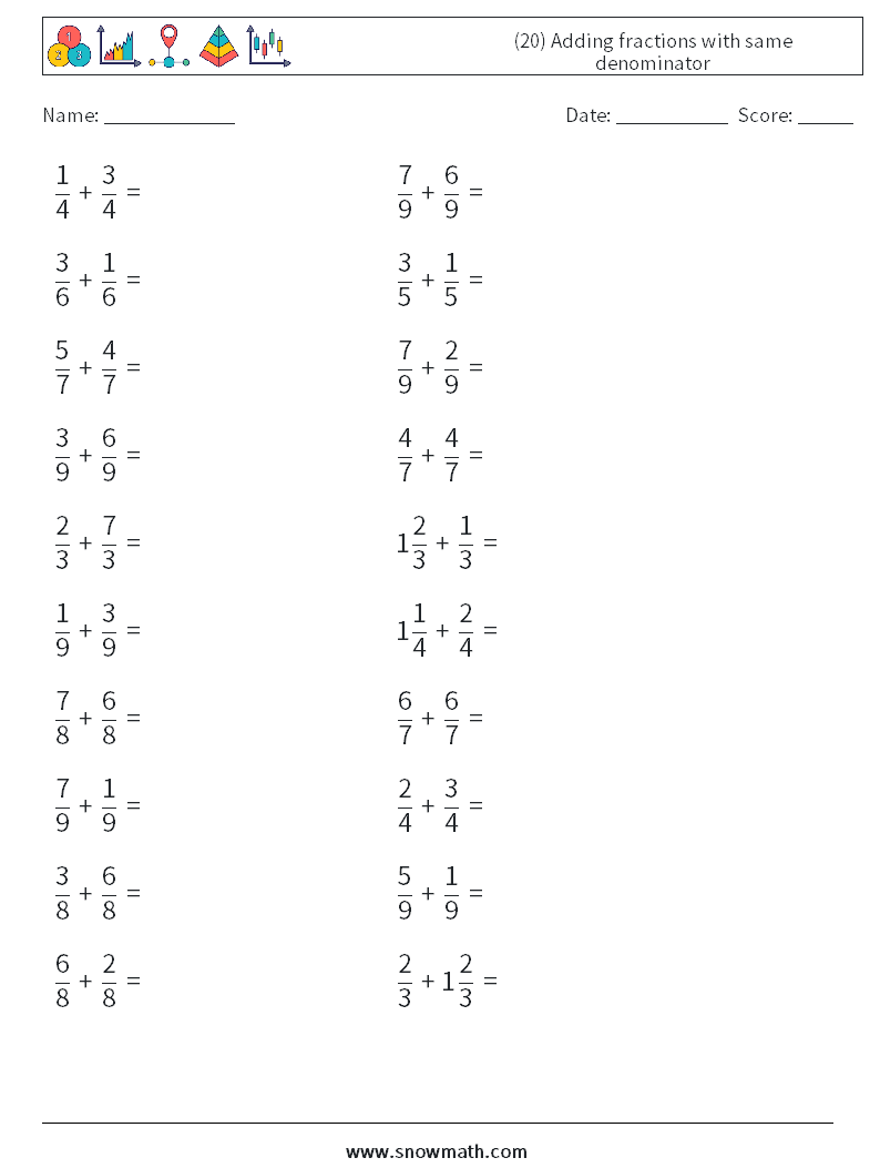(20) Adding fractions with same denominator Math Worksheets 17