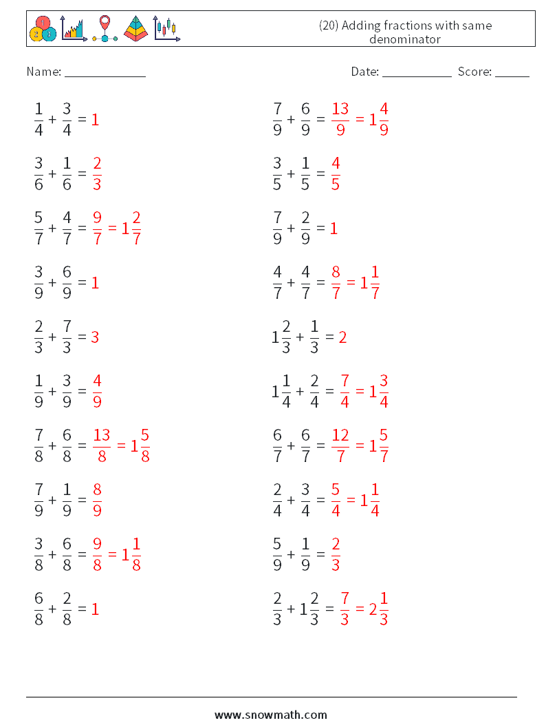 (20) Adding fractions with same denominator Math Worksheets 17 Question, Answer