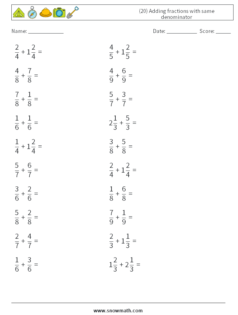 (20) Adding fractions with same denominator Math Worksheets 18