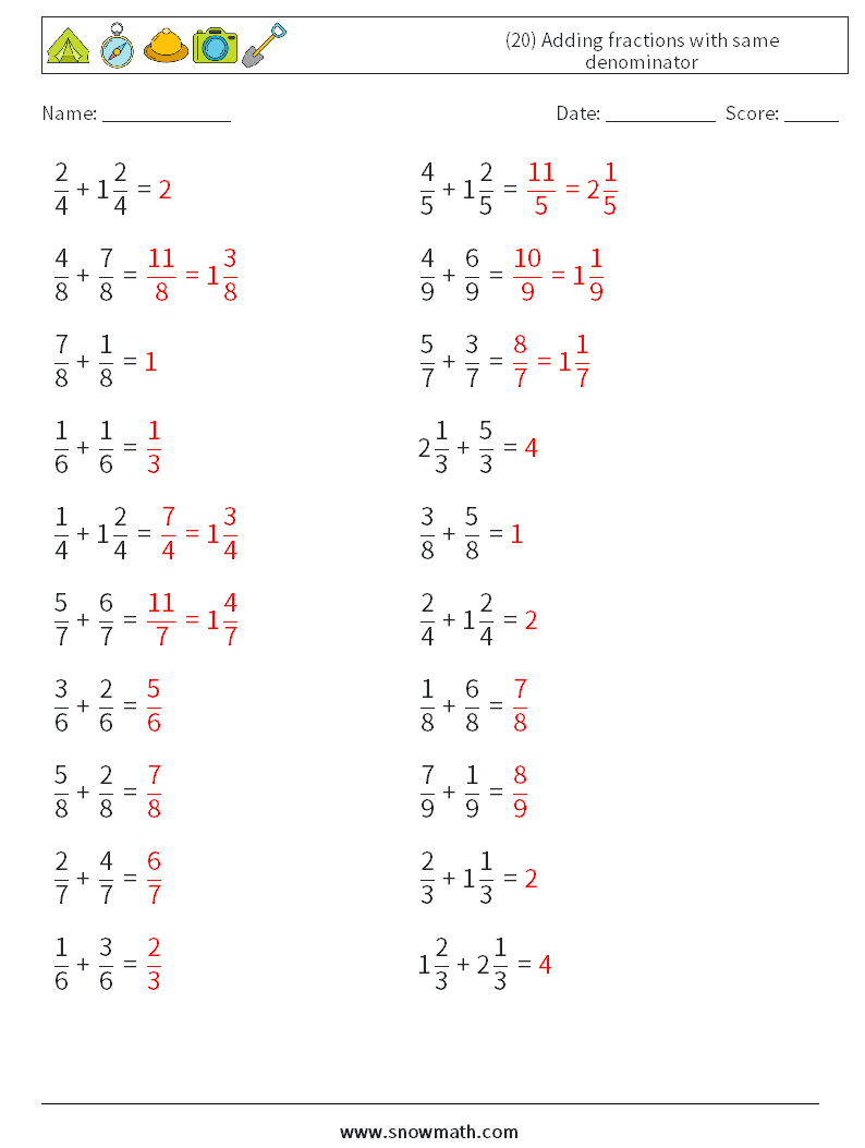 (20) Adding fractions with same denominator Math Worksheets 18 Question, Answer