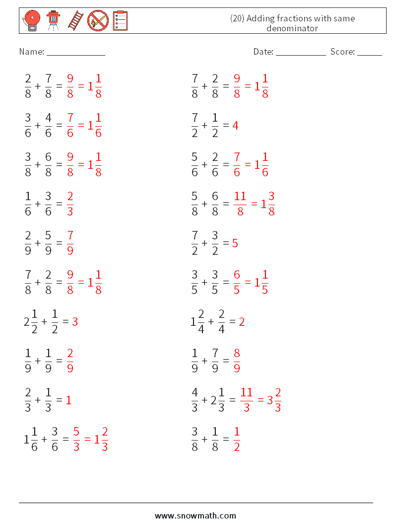 (20) Adding fractions with same denominator Math Worksheets 1 Question, Answer