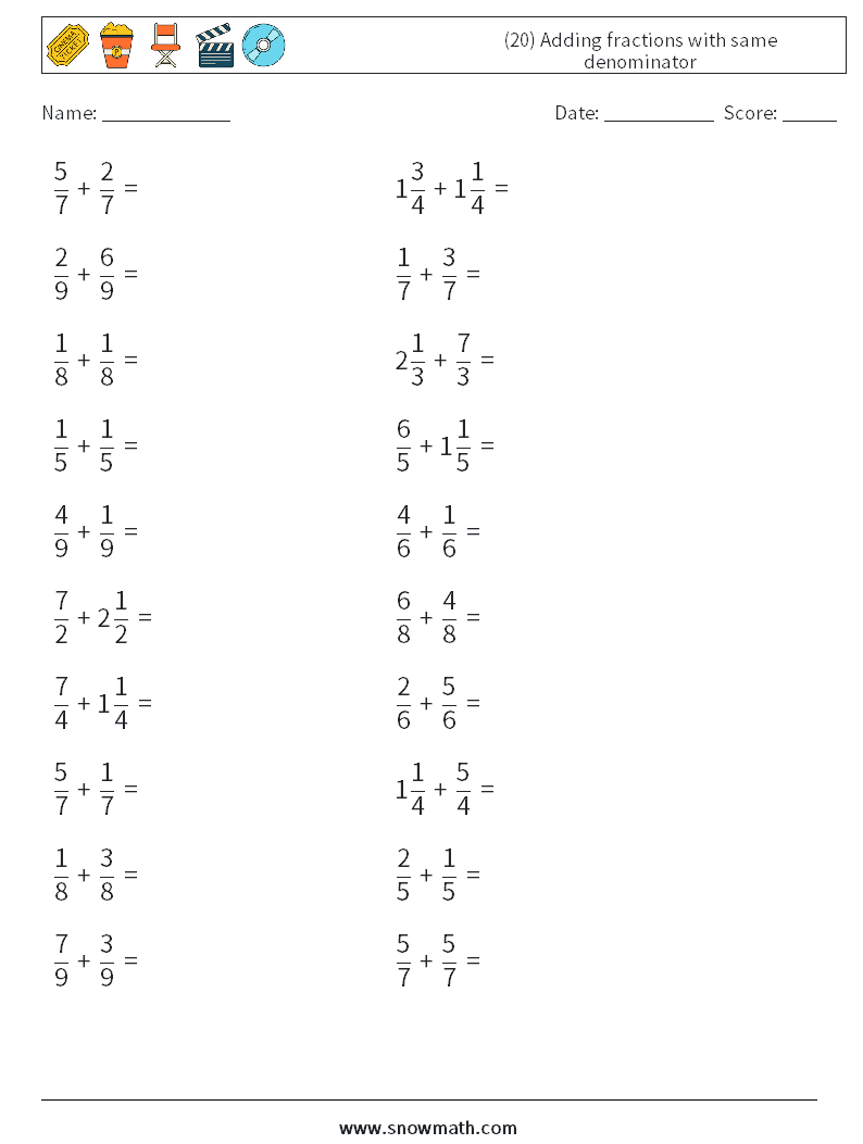 (20) Adding fractions with same denominator Math Worksheets 2