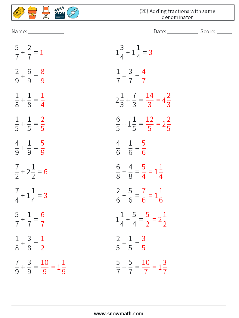 (20) Adding fractions with same denominator Math Worksheets 2 Question, Answer