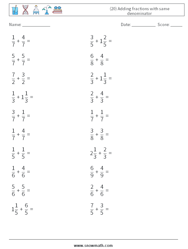 (20) Adding fractions with same denominator Math Worksheets 3
