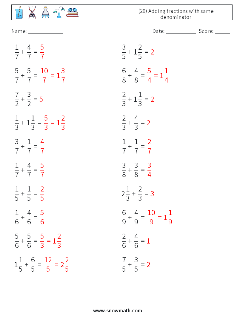 (20) Adding fractions with same denominator Math Worksheets 3 Question, Answer