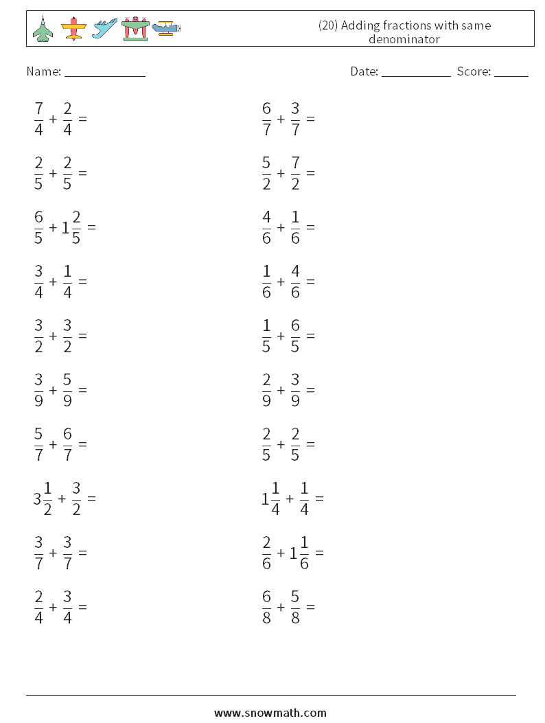 (20) Adding fractions with same denominator Math Worksheets 4