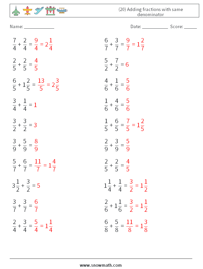 (20) Adding fractions with same denominator Math Worksheets 4 Question, Answer