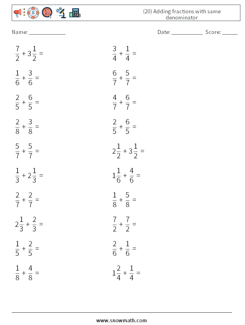 (20) Adding fractions with same denominator Math Worksheets 5