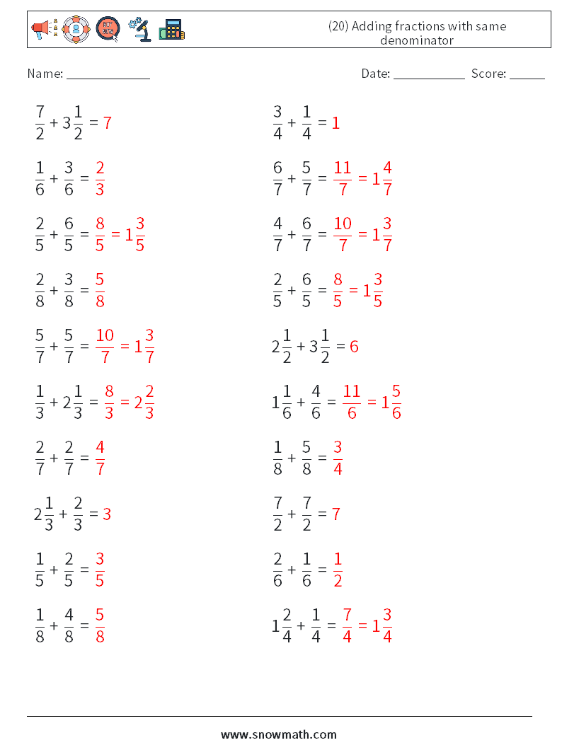 (20) Adding fractions with same denominator Math Worksheets 5 Question, Answer