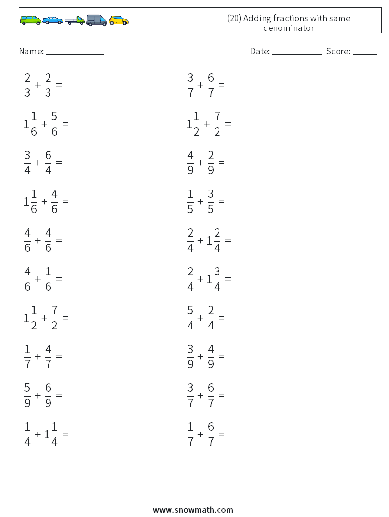 (20) Adding fractions with same denominator Math Worksheets 6