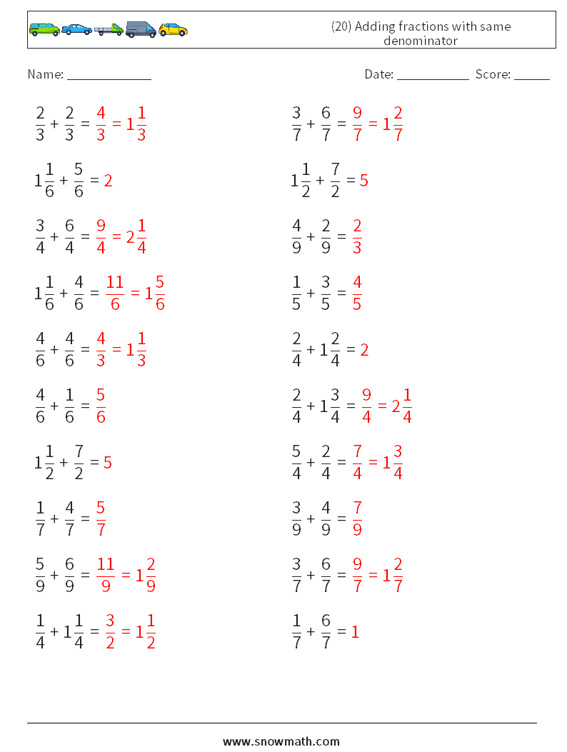 (20) Adding fractions with same denominator Math Worksheets 6 Question, Answer