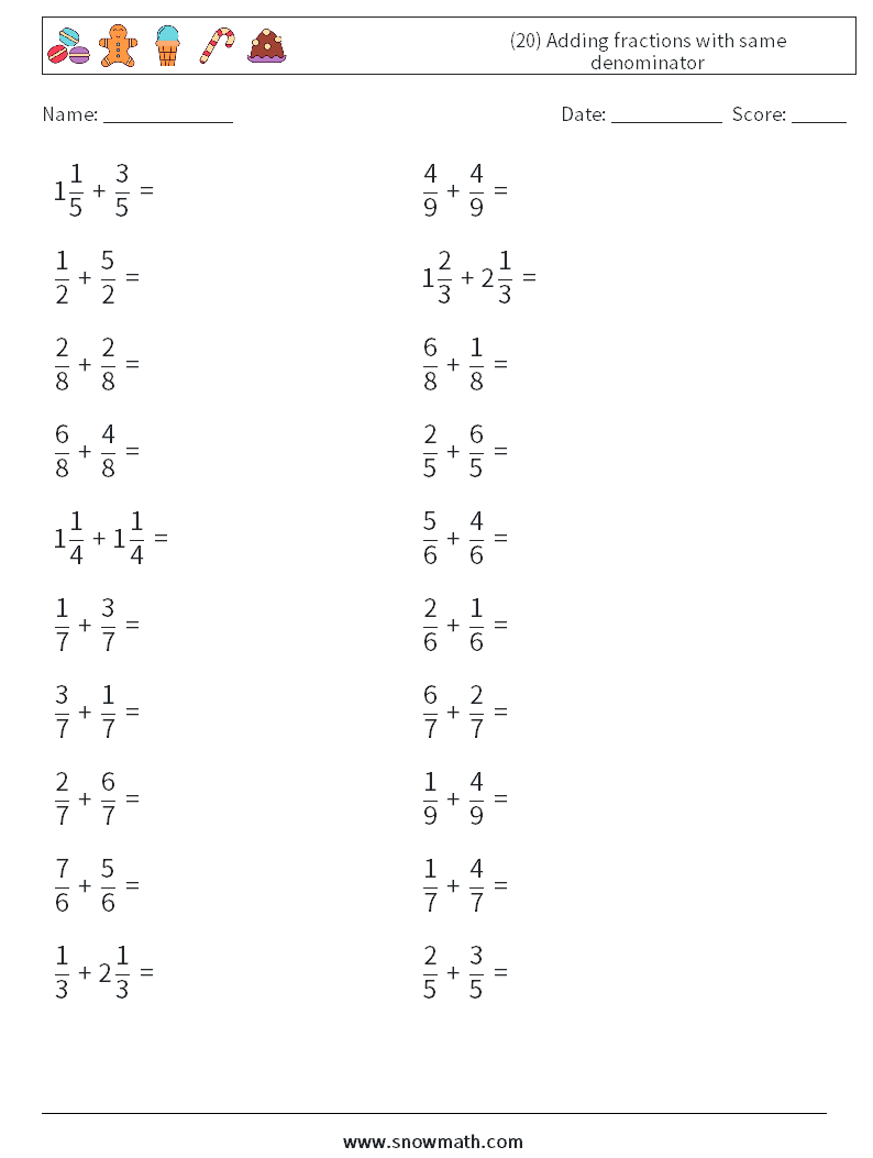(20) Adding fractions with same denominator Math Worksheets 7