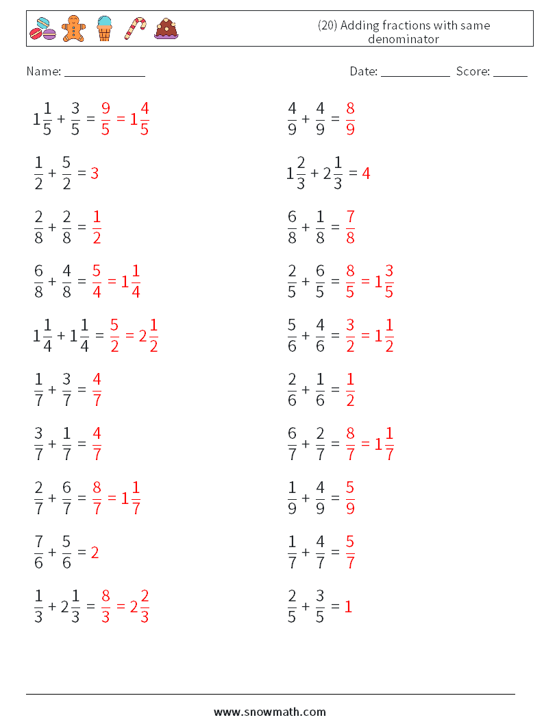 (20) Adding fractions with same denominator Math Worksheets 7 Question, Answer