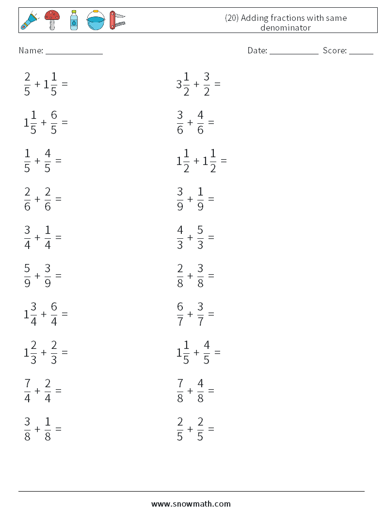 (20) Adding fractions with same denominator Math Worksheets 8