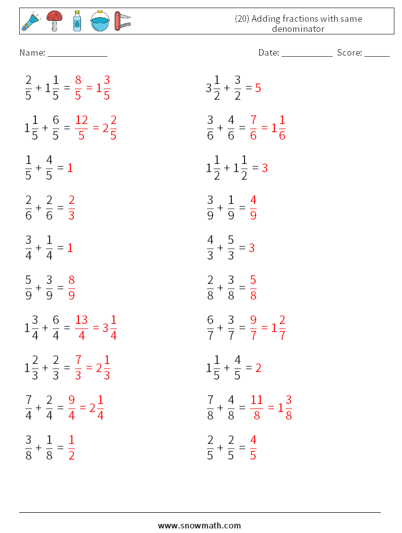(20) Adding fractions with same denominator Math Worksheets 8 Question, Answer