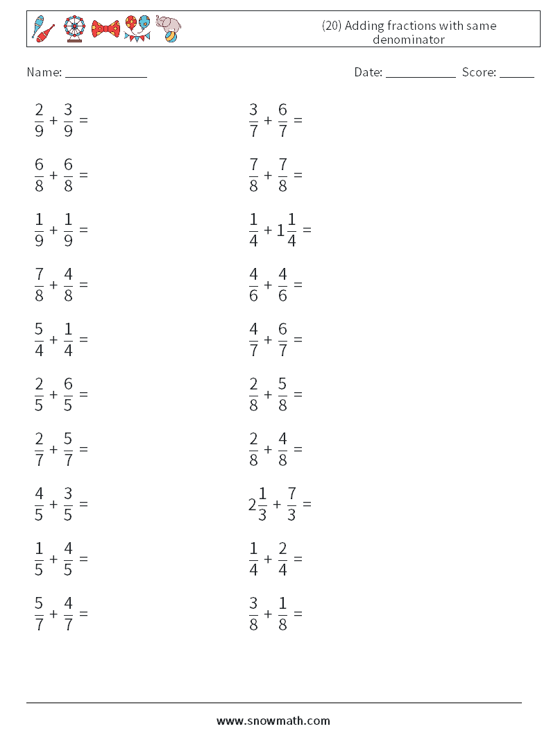 (20) Adding fractions with same denominator Math Worksheets 9