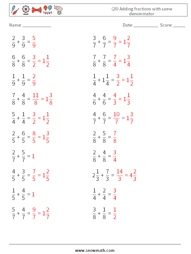 (20) Adding fractions with same denominator Math Worksheets 9 Question, Answer