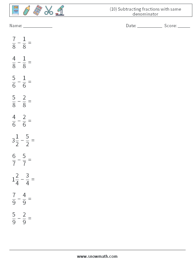 (10) Subtracting fractions with same denominator Math Worksheets 1