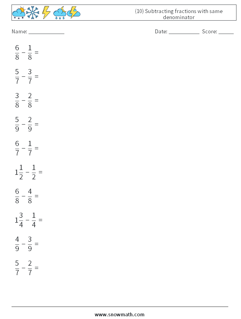 (10) Subtracting fractions with same denominator Math Worksheets 11
