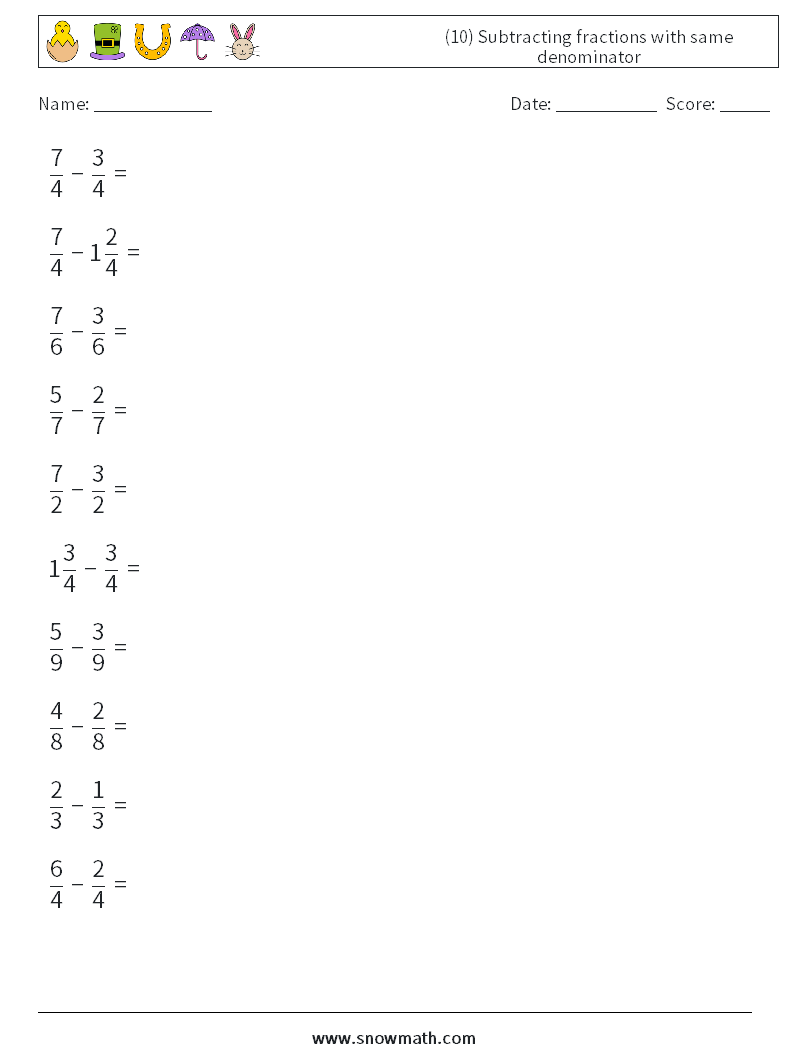 (10) Subtracting fractions with same denominator Math Worksheets 12