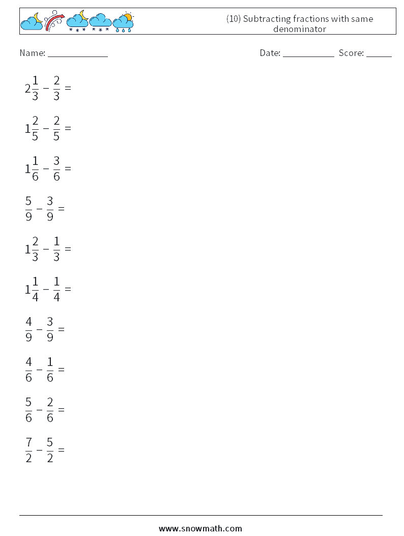 (10) Subtracting fractions with same denominator Math Worksheets 13