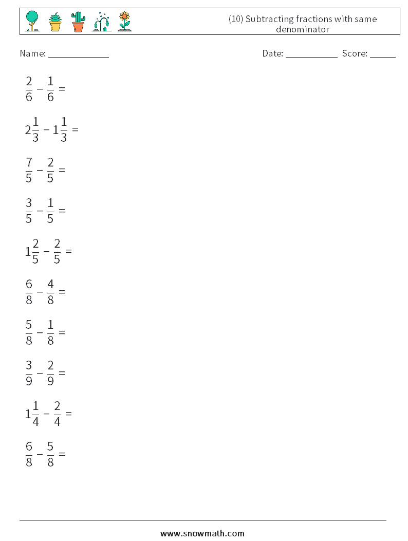 (10) Subtracting fractions with same denominator Math Worksheets 17