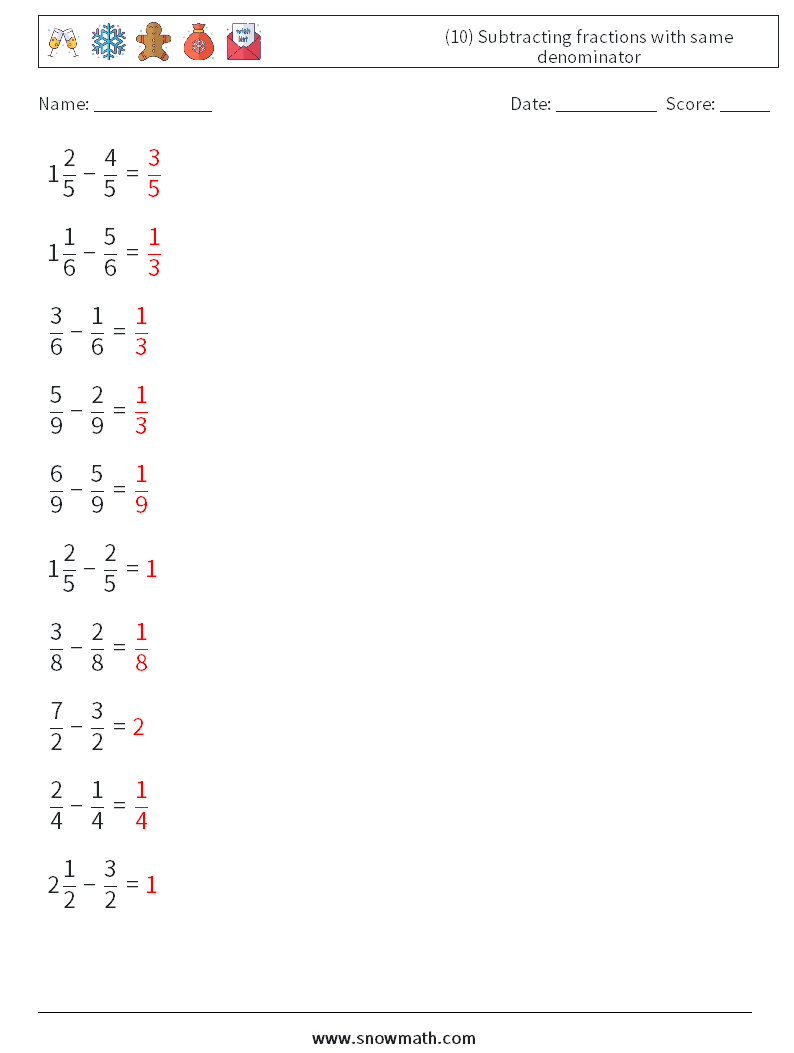 (10) Subtracting fractions with same denominator Math Worksheets 18 Question, Answer