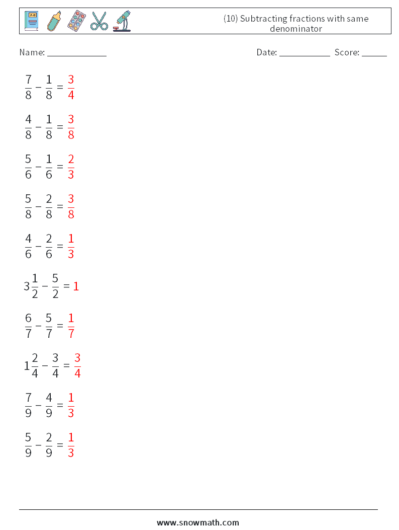 (10) Subtracting fractions with same denominator Math Worksheets 1 Question, Answer