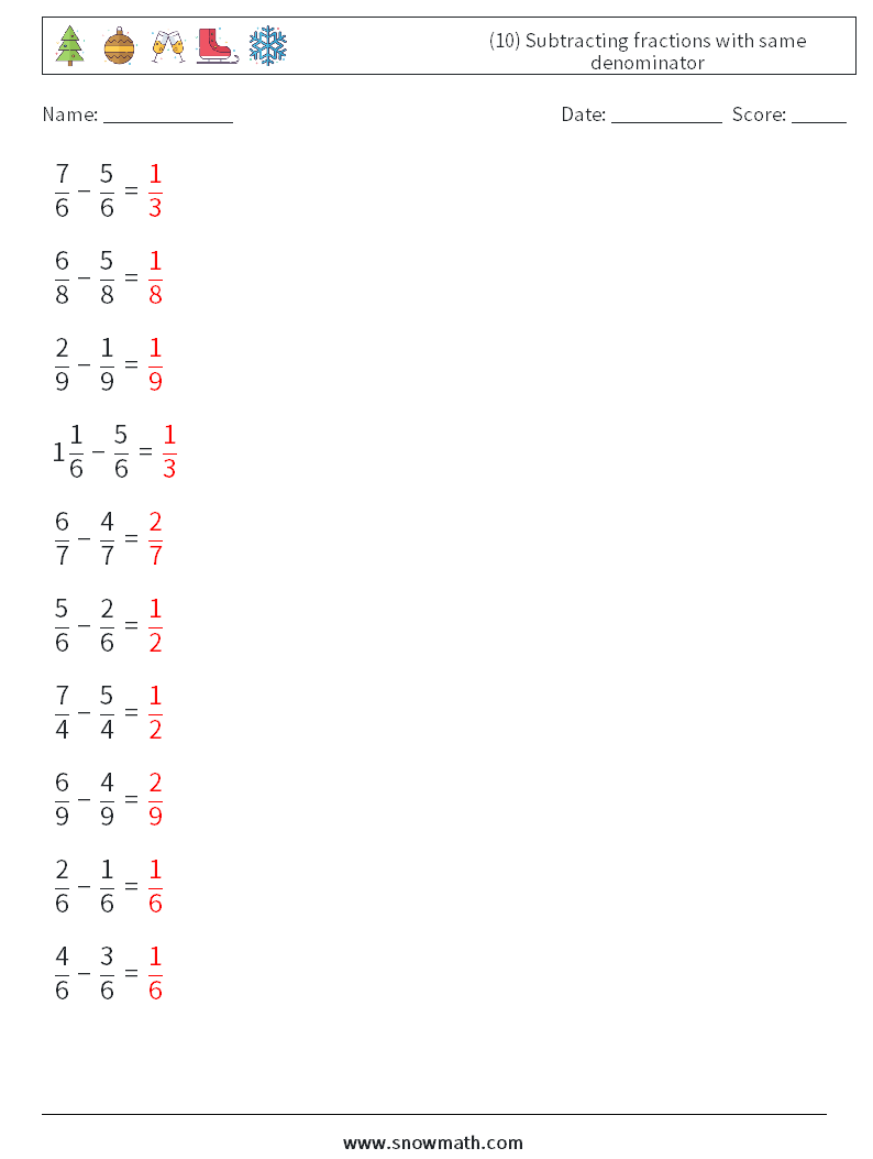 (10) Subtracting fractions with same denominator Math Worksheets 2 Question, Answer