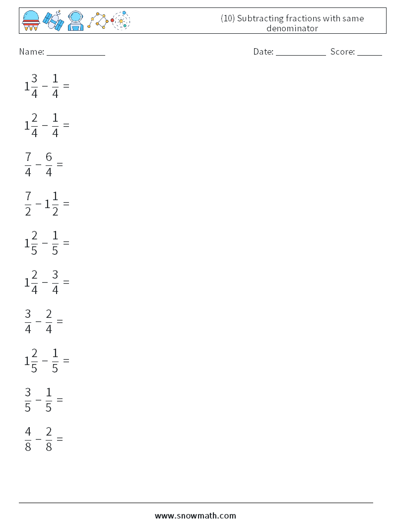 (10) Subtracting fractions with same denominator Math Worksheets 3