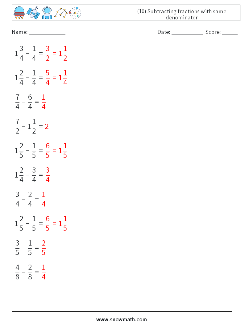 (10) Subtracting fractions with same denominator Math Worksheets 3 Question, Answer