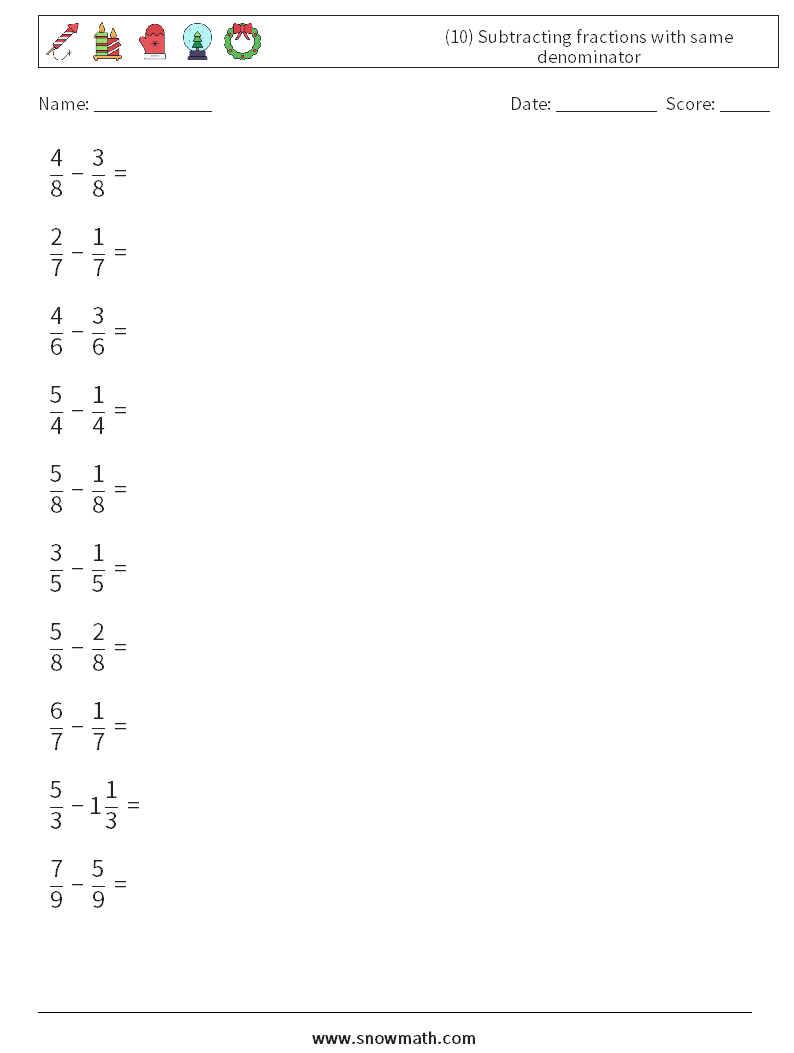 (10) Subtracting fractions with same denominator Math Worksheets 4