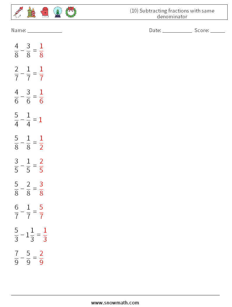 (10) Subtracting fractions with same denominator Math Worksheets 4 Question, Answer