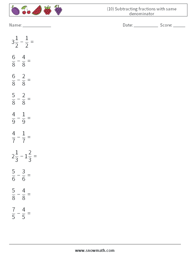 (10) Subtracting fractions with same denominator Math Worksheets 5