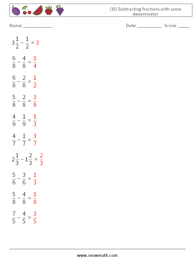 (10) Subtracting fractions with same denominator Math Worksheets 5 Question, Answer