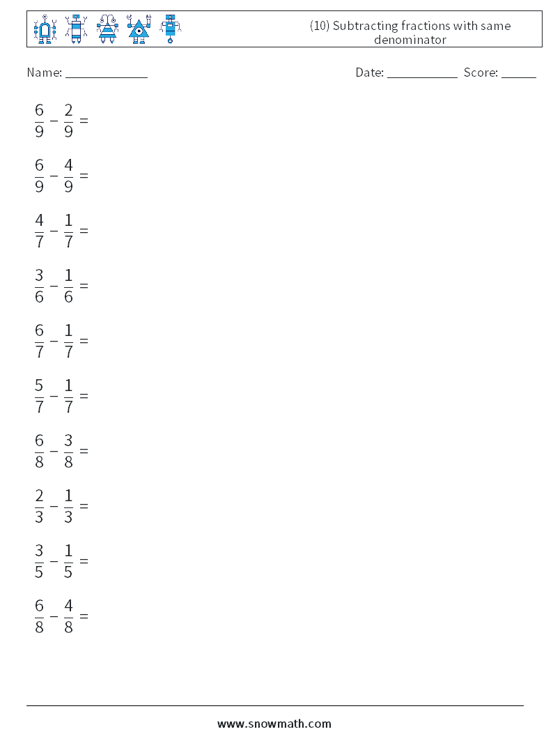 (10) Subtracting fractions with same denominator Math Worksheets 6