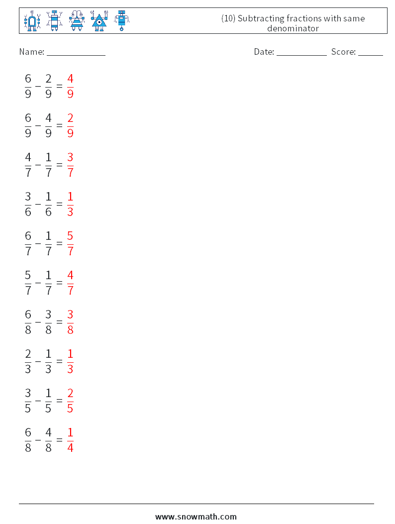 (10) Subtracting fractions with same denominator Math Worksheets 6 Question, Answer