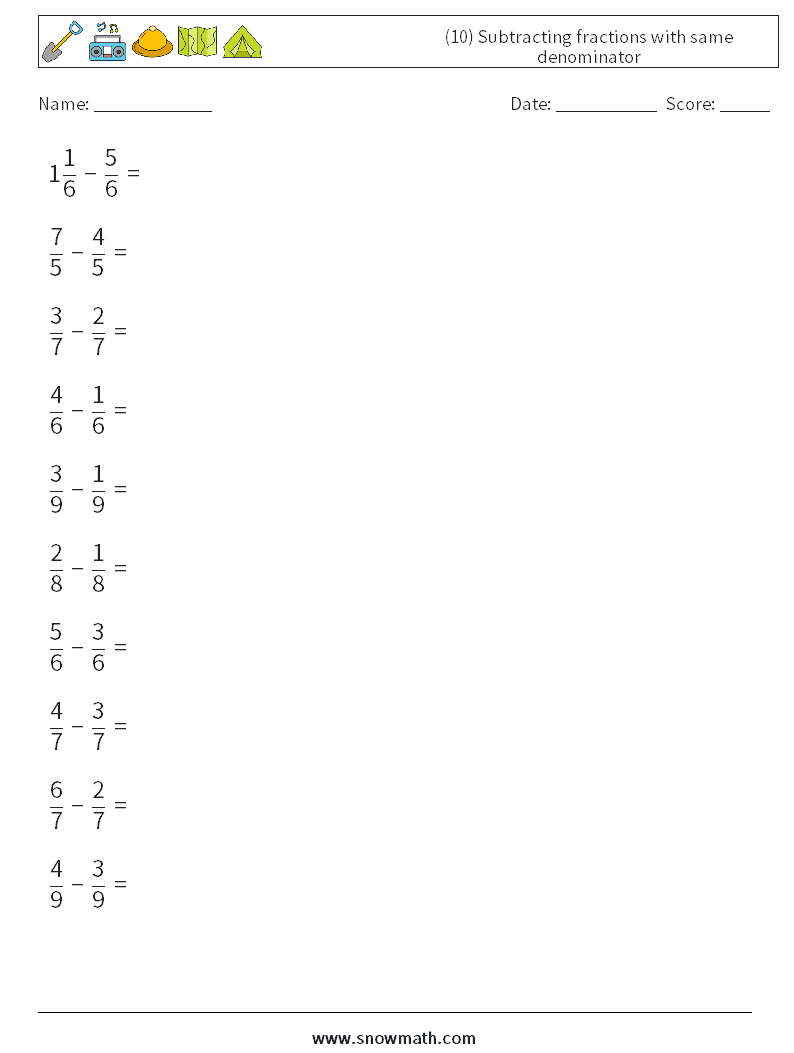 (10) Subtracting fractions with same denominator Math Worksheets 7