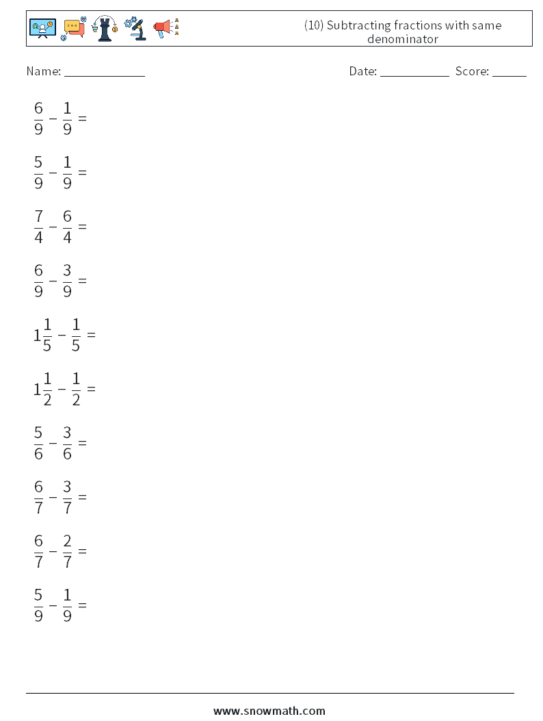 (10) Subtracting fractions with same denominator Math Worksheets 8