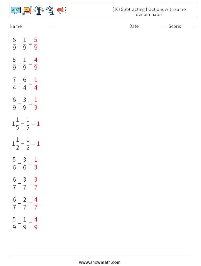 (10) Subtracting fractions with same denominator Math Worksheets 8 Question, Answer