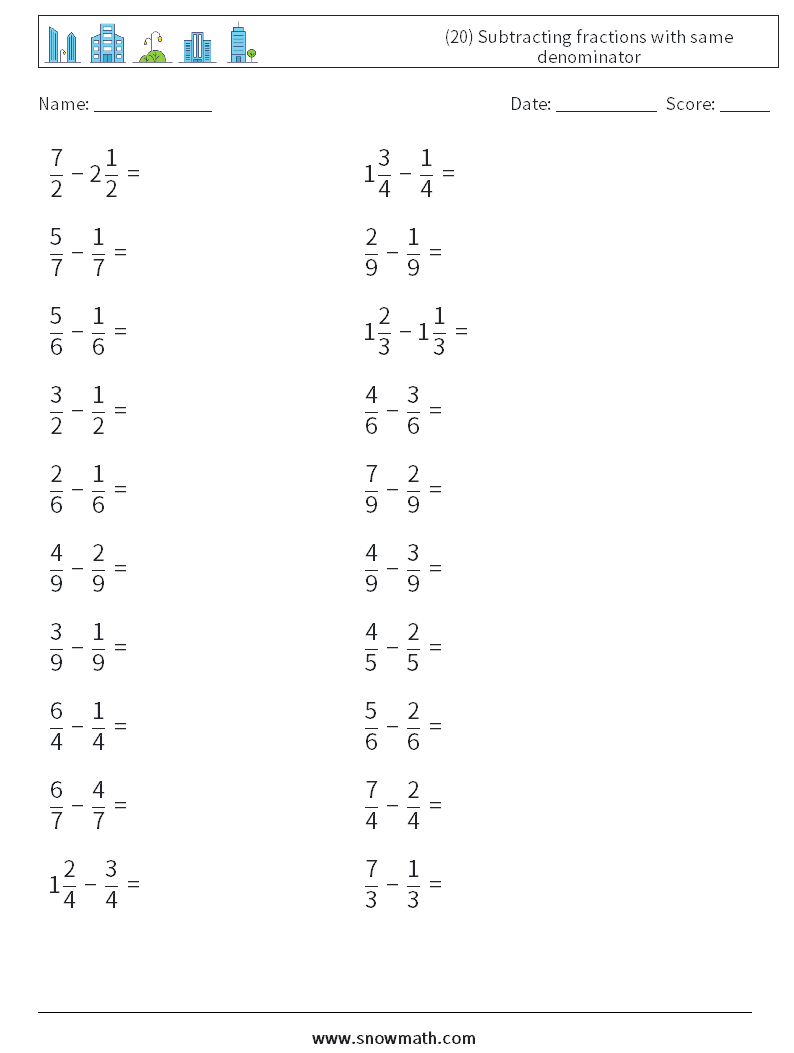 (20) Subtracting fractions with same denominator Math Worksheets 1