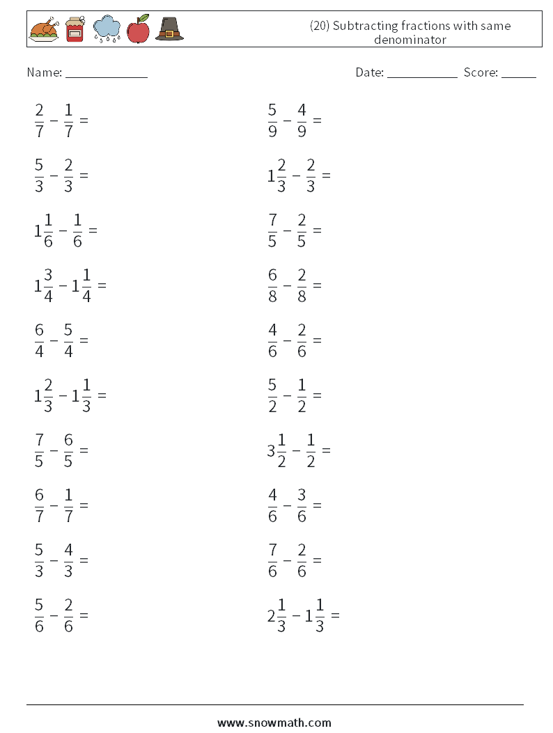 (20) Subtracting fractions with same denominator Math Worksheets 10