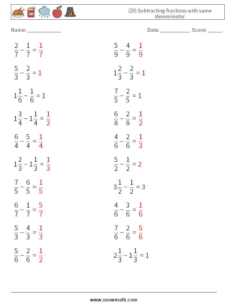 (20) Subtracting fractions with same denominator Math Worksheets 10 Question, Answer